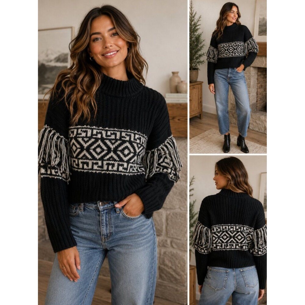 H&M Black White Fair Isle Fringe Sweater Women’s Medium Wool Blend